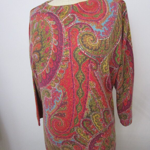 Paisley CASHMERE Pullover Knit Sweater Red Crew Cuddly - Picture 3 of 9